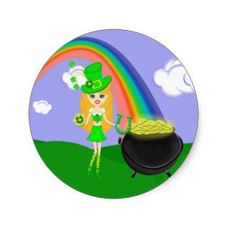 St Pat's Day Blonde Girl Leprechaun with Rainbow Round Sticker