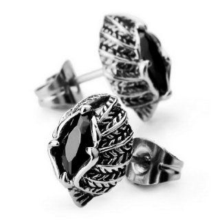 JBlue Jewelry men's 2PCS Stainless Steel Studs Earrings Silver Feather Vintage Black CZ (with Gift Bag): Jewelry