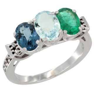 10K White Gold Natural London Blue Topaz, Aquamarine & Emerald Ring 3 Stone Oval 7x5 mm Diamond Accent, sizes 5   10: Jewelry