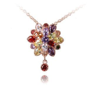 Fashion Plaza Golden Plated Flower with Coloful Rhinestone Swarovski Crystal Pendant Necklace Chain N263: Jewelry