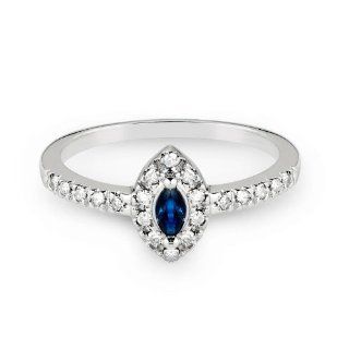 14k White Gold Promise Ring with Marquise Cut Sapphire and Round Cut Diamonds ( 0.30 CTW ) ( 0.15 CT Sapphire   Blue Color, SI2 I1 Clarity) ( 0.15 CTW Diamonds   G I Color, SI2 I1 Clarity) Jewelry