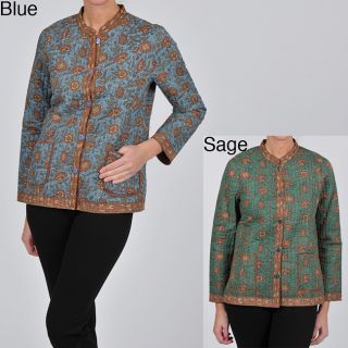 La Cera La Cera Womens Plus Size Quilted Floral print Mandarin Collar Jacket Green Size 1X (14W : 16W)