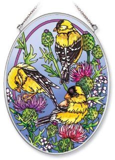 Amia Hand Painted Glass Suncatcher with Goldfinch Bird Design, 5 1/4 Inch by 7 Inch Oval  