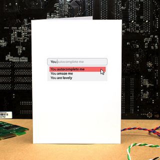 'you auto complete me' geeky romantic card by geek cards: for the love of geek