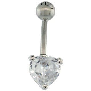 Surgical Steel Barbell Belly Button Ring w/ 8mm Clear Heart shaped CZ Stone: Body Piercing Rings: Jewelry