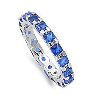 Rhodium Plated Sterling Silver Wedding & Engagement Ring Blue Sapphire CZ Eternity Band 3MM ( Size 5 to 10): Jewelry