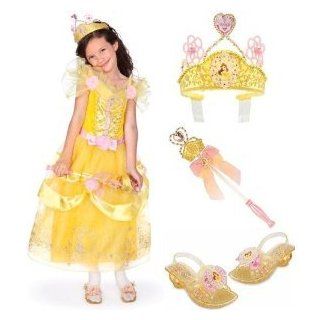 Disney Store Deluxe Princess Belle Costume Gift Set Including Dress (Size Small 5/6), Light Up Shoes (Size 11/12), Light Up Wand and Tiara: Clothing