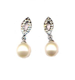 White CZ and Drop Freshwater Pearl Sterling Silver Open Marquise Dangle Pierced Earrings: Jewelry