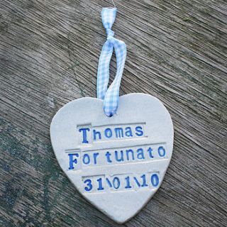 personalised baby's ceramic hanging heart by juliet reeves designs