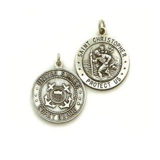 St. Christopher Sterling Silver US Coast Guard Reveresible Pendant with 18 inch Steel Necklace Chain: Coast Guard Saint Christopher Necklace: Jewelry