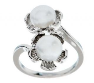 Honora Cultured Pearl 7.0mm Button Sterling Flower Bypass Ring —