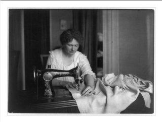 Historic Print (L) Woman sewing with a Singer sewing machine  