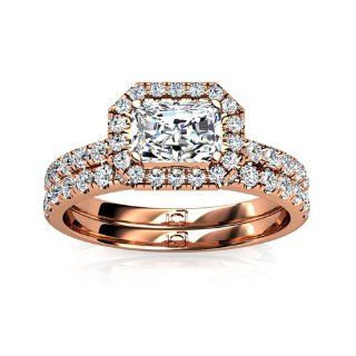14KT Rose East West Diamond Halo Wedding Set for Radiant Cut Center Stone 1/3 CTW. This item includes a free Cubic Zirconia center in the shape shown.: Jewelry
