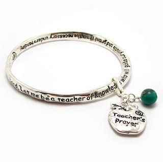 Inspirational Engraved Bangle Bracelet Silver Tone Metal with Apple Shaped Teacher's Prayer Charm and Green Stone Bead: Jewelry