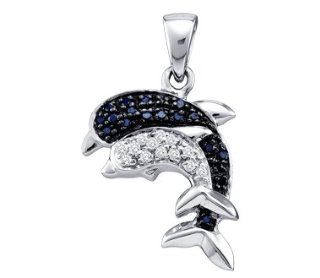 Dolphin Pendant Black & White Diamond 10k White Gold Charm (0.11 ctw): Black And White: Jewelry