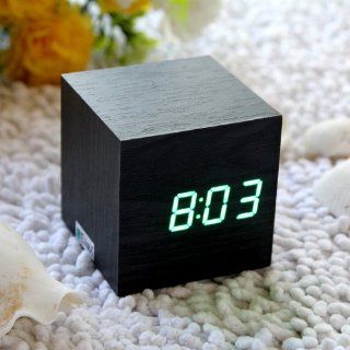 EiioX Cube Mini Green LED Black Skin Wooden Alarm Clock With Thermometer Time Display Vioce Activated   Electronic Alarm Clocks