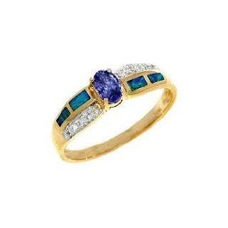Tanzanite 14K Yellow Gold Tanzanite Diamond & Opal Inlay Ring .45 TCW: Jewelry