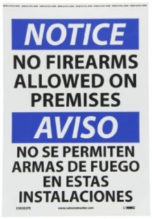 NMC ESN382PB Bilingual OSHA Sign, Legend "NOTICE   NO FIREARMS ALLOWED ON PREMISES", 14" Length x 10" Height, Pressure Sensitive Adhesive Vinyl, Black/Blue on White: Industrial Warning Signs: Industrial & Scientific