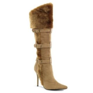 4 1/4 Tan High Heel Boots Pointed Toe Viking Costume Boots Knee High Faux Fur: Shoes
