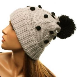 Winter 3D Polka Dots Pom Pom Cuff Cable Knit Beanie Ski Snow Hat Cap Gray Black: Clothing