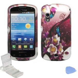 White Purple Rose Flower Garden Blue Butterfly Design Rubberized Snap on Hard Shell Cover Protector Faceplate Skin Case + LCD Screen Guard Film + Mini Phone Stand + Case Opener for Verizon Samsung Stratosphere i405 (1st Generation) Cell Phones & Acces