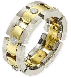 Designer 8.5mm 18 Karat Two Tone Gold Link Style Wedding Band: Jewelry