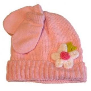 Faded Glory Infant Girls Pink Knit Hat Mittens White Flower Beanie: Infant And Toddler Hats: Clothing