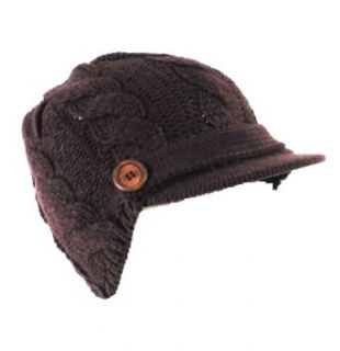 IC9107A_BROWN Womens Hand Made Cable Knitted Short Hard Visor Trendy 2inch Visor Cab Driver Newsboy Hat with Side Wooden Buttons available in Knitted black, brown, white, gray, teal, burgundy and knitted mustard yellow Clothing