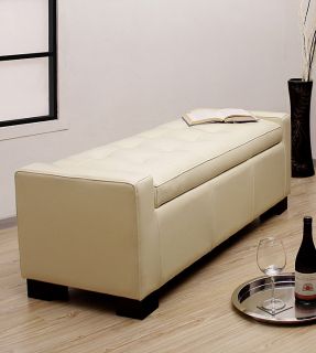 Tufted Leather Storage Bench Creme