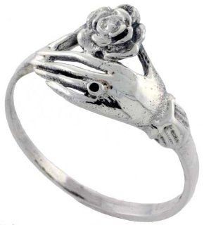 Sterling Silver Hand Holding Flower Ring 7/16 inch wide, sizes 6   10: Jewelry