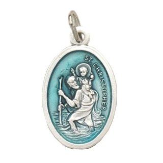 St. Christopher Medals Enamel Aqua Italian Silver Oxidized Medals Pendant Necklaces: Jewelry