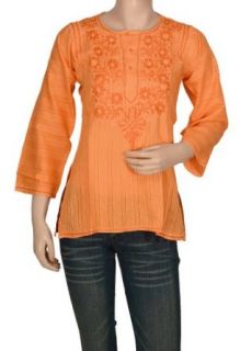 Bollywood Chikan Embroidery Cotton Short Kurta Top Tunic Size S: Clothing
