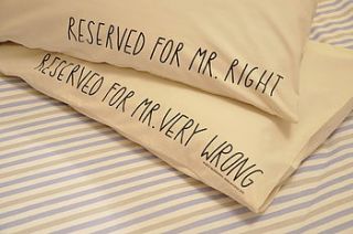 'mr. right/mr very.wrong' 2 sided pillow case by the joy of ex foundation
