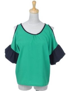 Anna Kaci S/M Fit Black Green Lucky Lady Ruffle Sleeve Cut Out Loose Blouse