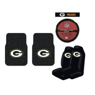 A Set of 2 Universal Fit NFL Rubber Floor Mats, 2 Front Universal Fit Bucket Style Seat Covers, and a Comfort Grip Steering Wheel Cover   Green Bay Packers Automotive