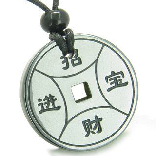 Amulet Magic Lucky Coin Fortune Symbols Medallion Hematite Healing Powers Pendant on Adjustable Cord Necklace: Jewelry