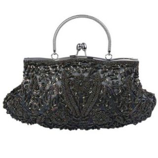 Ecosusi Antique Floral Seed Bead Sequin Soft Clutch Evening Bag with Shoulder Chain (Gold): Shoes