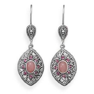 Peruvian Pink Opal Earrings with Rhodolite Vintage Style Antiqued Sterling Silver: Jewelry