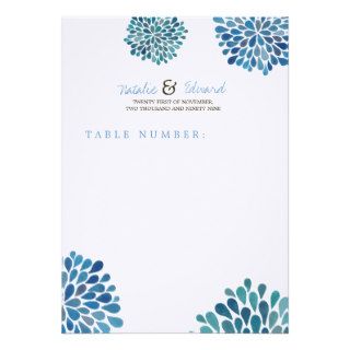 Table Number Place Card & Wedding Menu Blue Blooms Custom Announcement