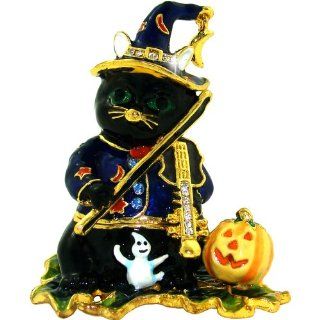 Objet D'Art Release #444 "Midnight" Halloween Black Cat Playing Violin Handmade Jeweled Metal & Enamel Trinket Box   Action Figure Accessories