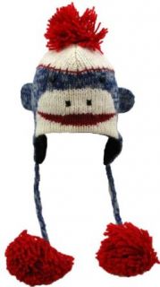 Delux Cute Sock Monkey Blue Face Wool Pilot Animal Cap/Hat with Ear Flaps and Poms: Clothing