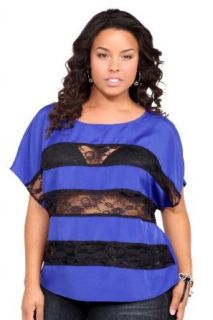 Violet Blue And Black Lace Inset Stripes Top