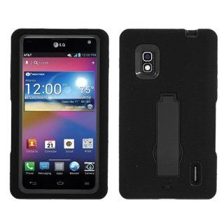 Hybrid Case Black Soft Textured with Black Hard Cover Stand for At&t Optimus G / E970: Cell Phones & Accessories