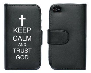 Black Apple iPhone 5 5S 5LP659 Leather Wallet Case Cover Keep Calm and Trust God Cross: Cell Phones & Accessories