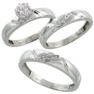 10k White Gold Diamond Trio Engagement Wedding Ring Set for Him and Her 3 piece 4.5 mm & 4 mm wide 0.10 cttw Brilliant Cut, ladies sizes 5   10, mens sizes 8   14 Jewelry