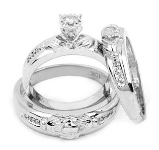 Men's Ladies 10K White Gold .24CT Round Cut Diamond Wedding Engagement Bridal Trio Ring Set: Jewelry