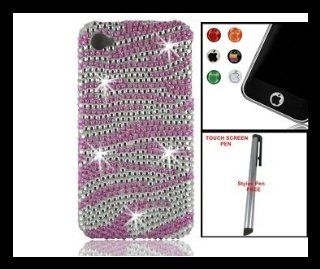 For iPhone 4G 4S Diamond Rhinestone Hard Shell Cover Case Zebra Pink/ Silver Stripes Design + One Package  6pcs Home Button Stickers + One FREE Silver Stylus Touch Screen Pen: Cell Phones & Accessories