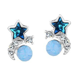 Neoglory Blue Swarovski Elements Rhinestone Moon Stars Pentagram Stud Earrings for Women Jewelry