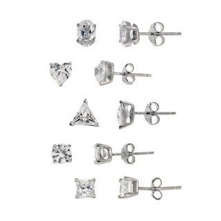 Sterling silver 5 Pair Solitaire Stud Earrings Set: Jewelry