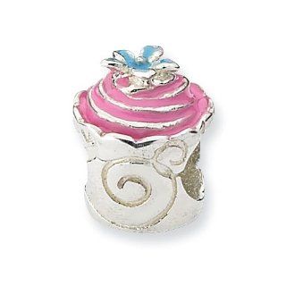 Sterling Silver Pink Enameled Cupcake Charm Bead Fits Pandora Chamilia Biagi Bracelet: Jewelry